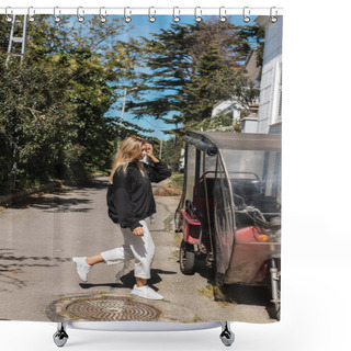 Personality  Blonde Woman In Stylish Outfit Walking Near Three Wheeled Moped With Roof In Turkey Shower Curtains