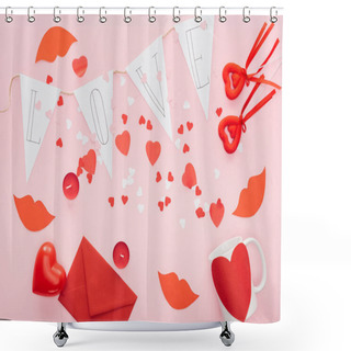 Personality  Top View Of Valentines Decorations And Paper Garland With 'love' Lettering Isolated On Pink, St Valentines Day Concept Shower Curtains