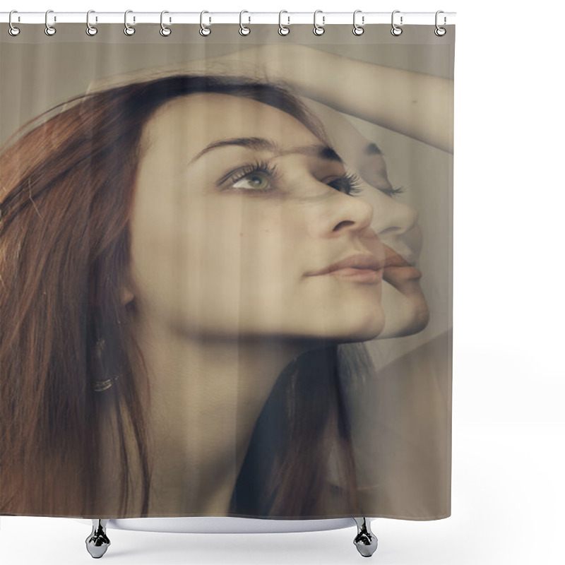 Personality  Double Exposure Portrait With Different Facial Expression Shower Curtains