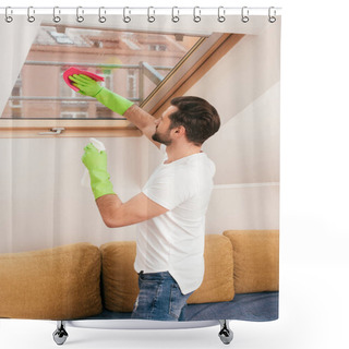 Personality  Side View Of Man Using Detergent And Rag While Cleaning Window In Living Room Shower Curtains