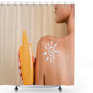 Personality  Cropped View Of Woman With Image Of Smiling Sun On Shoulder Holding Sunscreen Isolated On Beige Shower Curtains