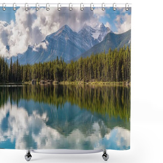 Personality  Panoramic Mountain Reflections On An Alberta Lake Shower Curtains