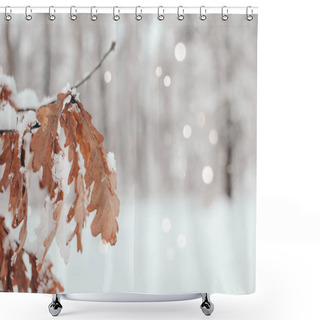 Personality  Scenic View Of Oak Leaves With Snow In Winter Forest And Blurred Falling Snowflakes Shower Curtains