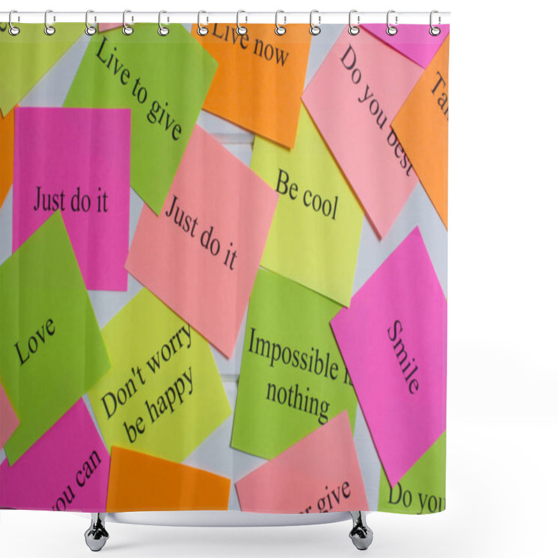 Personality  Motivational words on colorful stickers on white background. A vision Board. Cards with words. Affirmation, development, training, seminar. Plan, strategy, to-do list, concept. Creativity, project, art shower curtains