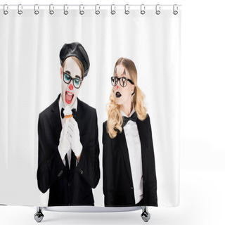 Personality  Cheerful Clown In Suit And Glasses Looking At Tasty Cupcake Near Woman Isolated On White  Shower Curtains