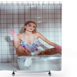 Personality  Beautiful Housewife In Rubber Gloves Smoking While Washing Clothes In Bathroom Shower Curtains