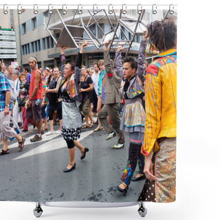 Personality  Parade Of Street Performers Carrying Bar Stools. Shower Curtains