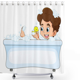 Personality  The Happy Boy Is Taking A Bath In The Bathtub And Playing The Duck Rubber Of Illustration Shower Curtains