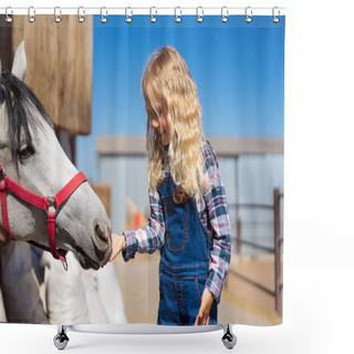 Personality  Side View Of Kid Feeding White Horse At Farm Shower Curtains