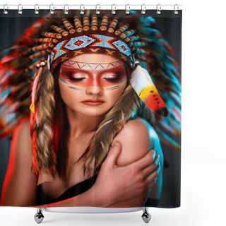Personality  Young Feminine Indian American Female With Colorful Feather Hat Shower Curtains
