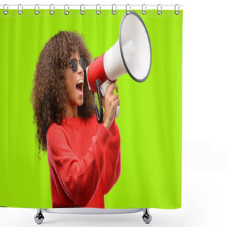 Personality  African American Woman Wearing Sunglasses Communicates Shouting Loud Holding A Megaphone, Expressing Success And Positive Concept, Idea For Marketing Or Sales Shower Curtains