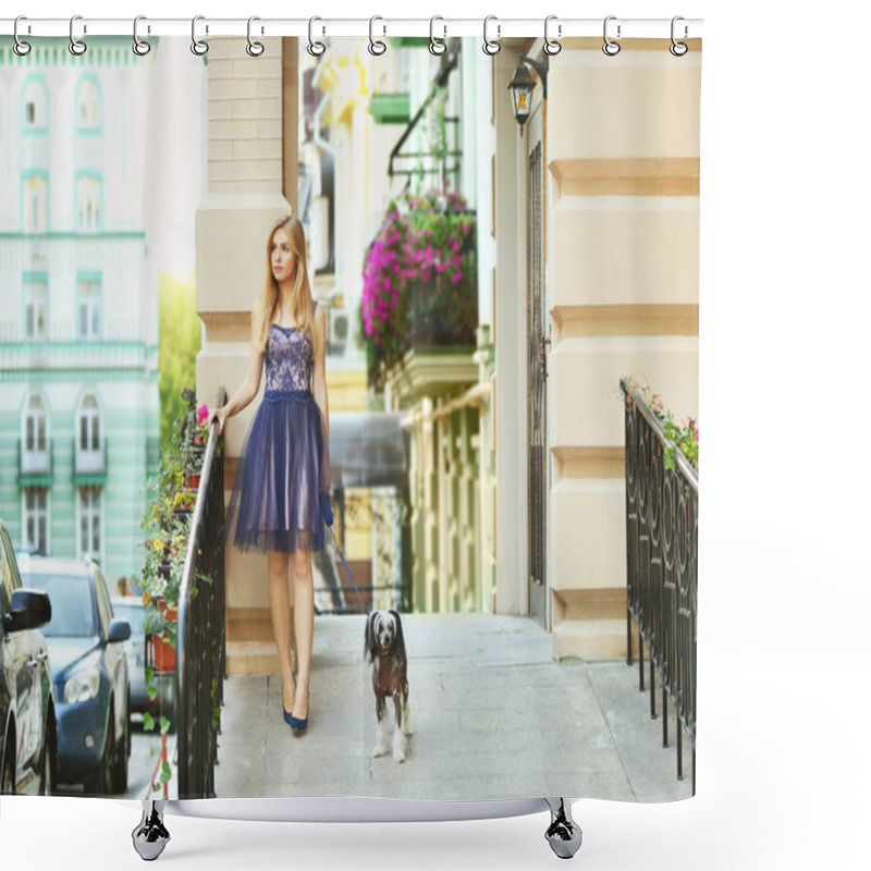 Personality  Young Woman Walking Her Dog Shower Curtains