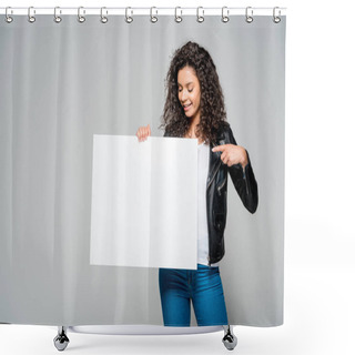 Personality  Cheerful African American Young Woman Pointing With Finger At Blank Placard While Standing Isolated On Grey Shower Curtains
