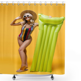 Personality  Full Length Of Pleased Woman In Straw Hat And Swimsuit Standing With Inflatable Mattress On Yellow Shower Curtains