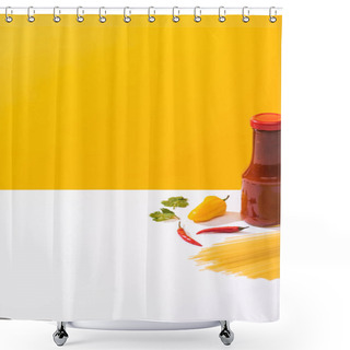 Personality  Bottle Of Tasty Ketchup With Peppers And Raw Spaghetti On White Surface On Yellow Background Shower Curtains