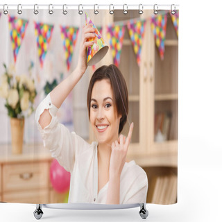 Personality  Young Smiling Girl Tries Shower Curtains