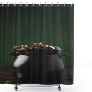 Personality  Pot Of Golden Coins On Wooden Table On Green, St Patricks Day Concept Shower Curtains