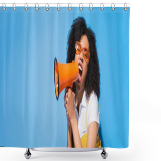 Personality  Excited African American Woman In Eyeglasses Shouting In Loudspeaker On Blue, Banner Shower Curtains