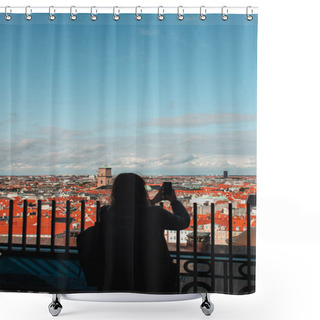 Personality  Back View Of Tourist Taking Photo On Smartphone With Buildings And Cloudy Sky At Background In Copenhagen, Denmark  Shower Curtains