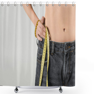 Personality  Partial View Of Slender Woman Standing With Hand On Hip And Holding Measuring Tape Isolated On Grey Shower Curtains