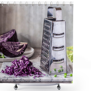 Personality  Grating Red Cabbage On A Marble Board With Green Peas, Square Shower Curtains