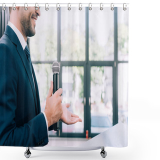 Personality  Cropped Image Of Smiling Speaker Gesturing And Talking Into Microphone At Podium Tribune During Seminar In Conference Hall Shower Curtains