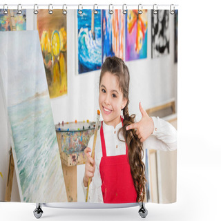 Personality  Kid Pointing On Painting Brush In Hand In Workshop Of Art School Shower Curtains