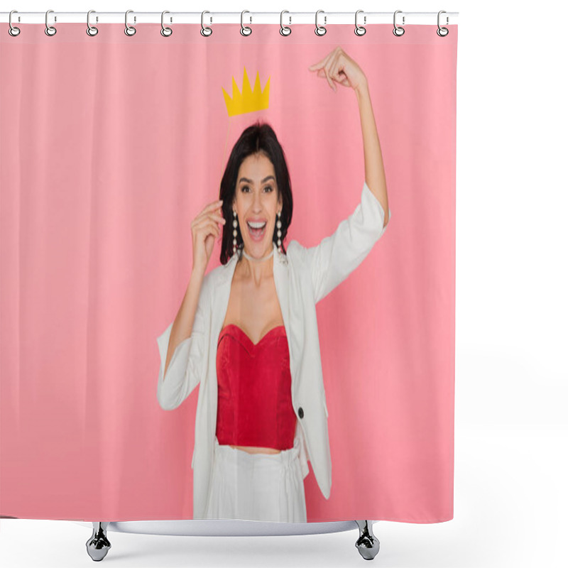 Personality  smiling woman pointing with finger at paper crown on pink background  shower curtains