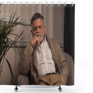 Personality  Handsome Senior Man Sitting In Armchair And Looking At Camera Shower Curtains