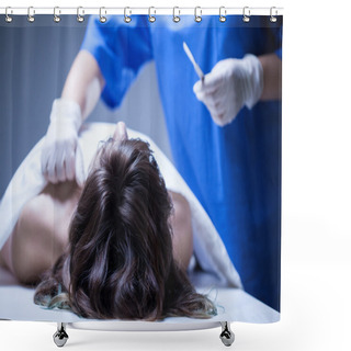 Personality  Dead Woman Lying In Mortuary Shower Curtains