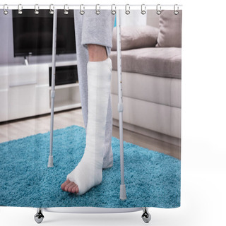 Personality  Man With Broken Leg Using Crutches For Walking On Blue Carpet Shower Curtains