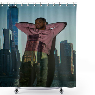 Personality  Handsome African American Man Standing By The Wall With Hands Crossed Behind Head, Fashion Concept Shower Curtains