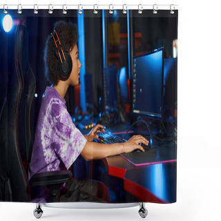 Personality  Curly African American Woman In Headphones Playing Computer Game While Looking At Screen, Cybersport Shower Curtains
