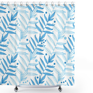 Personality  Vector Blue Line Art Leaves Seamless Pattern Background Shower Curtains