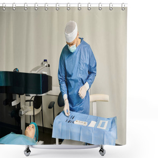Personality  Surgeon In Gown Operates Medical Machine For Laser Vision Correction. Shower Curtains