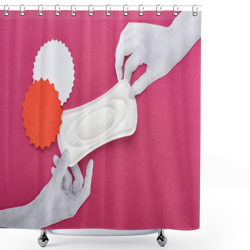 Personality  Top View Of Paper Cut White Hands With White Sanitary Napkin And Empty Cards On Purple Background Shower Curtains