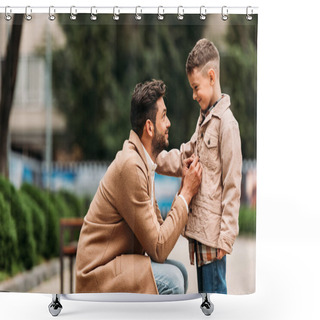 Personality  Side View Of Dad In Coat And Son In Jacket On Street In Autumn Day Shower Curtains