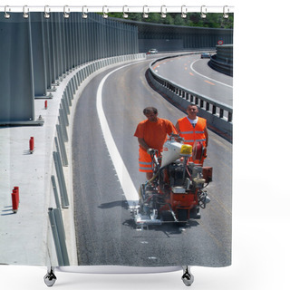 Personality  Workers On Sign Painting Machine Shower Curtains