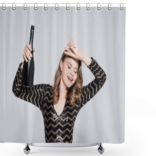 Personality  Cheerful Woman Holding Bottle With Champagne On Grey Shower Curtains
