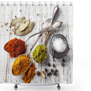 Personality  Various Spices On A White Background Shower Curtains