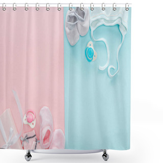 Personality  Top View Of Pacifiers, Gift, Booties, Bonnet, Socks On Pink And Blue Background Shower Curtains