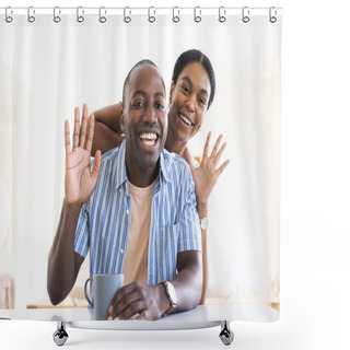 Personality  Joyful African American Couple Enjoys A Playful Moment At Home On Video Call. Their Laughter And Affection Create A Warm, Inviting Atmosphere. Shower Curtains