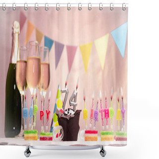 Personality  Birthday With Champagne And Glasses. Birthday Candle With Number 74. Anniversary Card With Garlands Save Space. Festive Background. Shower Curtains