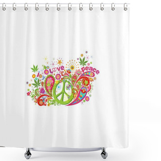 Personality  Fashion Psychedelic Colorful Print For T-shirt, Bag Design With Hippie Peace Symbol, Flower-power, Love, Peace And Joy Word, Paisley And Marijuana Leaves On White Background Shower Curtains