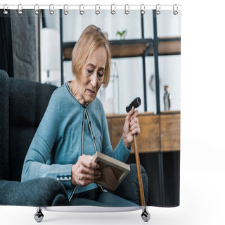 Personality  Sad Senior Woman Sitting With Walking Stick And Looking At Picture Frame Shower Curtains