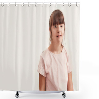 Personality  Portrait Of Disabled Girl With Down Syndrome Looking At Camera While Posing Isolated Over White Background Shower Curtains