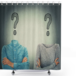 Personality  Incognito Man And Woman With Crossed Hands And Drawn Question Marks Instead Of Head. Introvert Couple Problem And Solution Concept. Hidden Faces Like No Identity Mask. Modern Social Issue. Shower Curtains