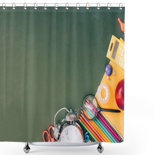 Personality  Top View Of Vintage Alarm Clock Near School Stationery On Green Chalkboard With Copy Space Shower Curtains