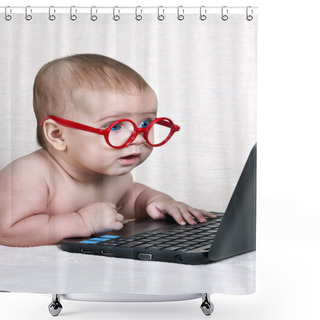 Personality  Funny Kid In The Glasses With A Netbook Shower Curtains