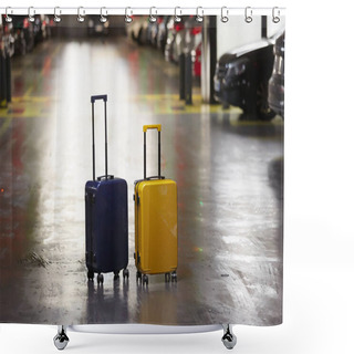 Personality  Luggage Bag On The City Street Ready To Pick By Airport Transfer Taxi Car. Shower Curtains